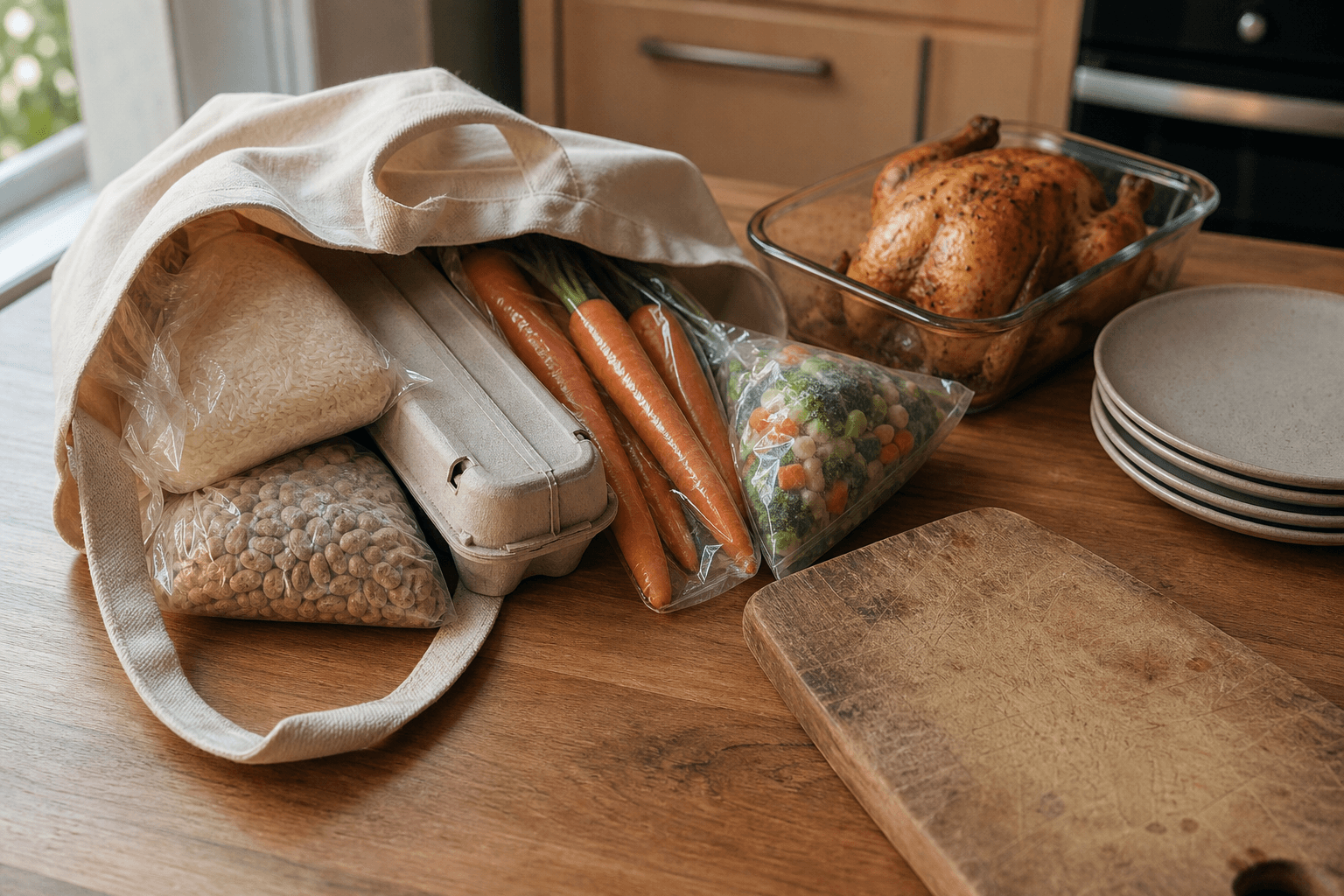 Budget grocery staples for a family of four, including rice, dried beans, eggs, and frozen vegetables, arranged on a kitchen counter for weekly meal planning