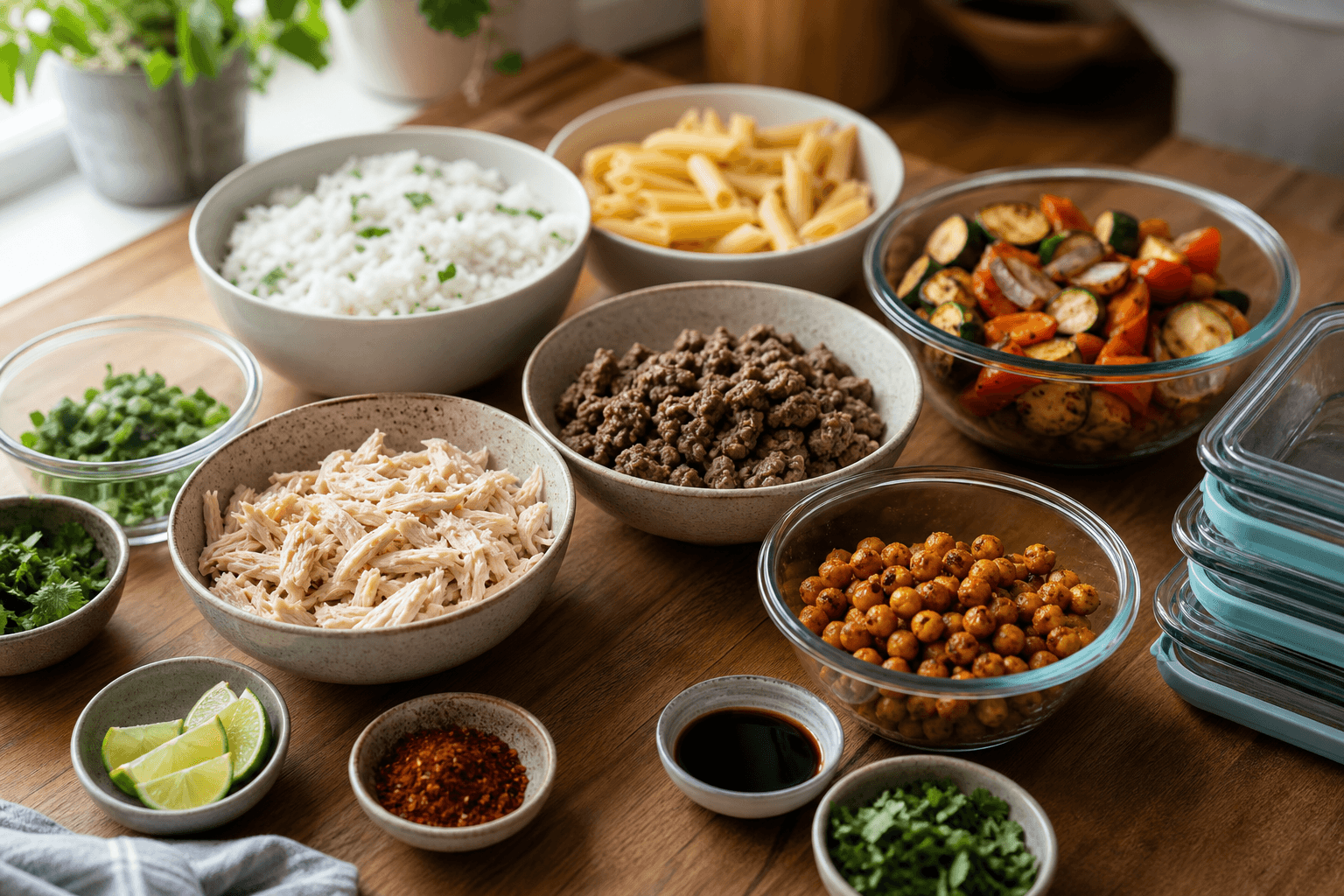 Overhead view of a home kitchen counter with grilled chicken thighs, a bowl of rice, roasted vegetables, and small dishes of spices arranged for a mix-and-match dinner rotation
