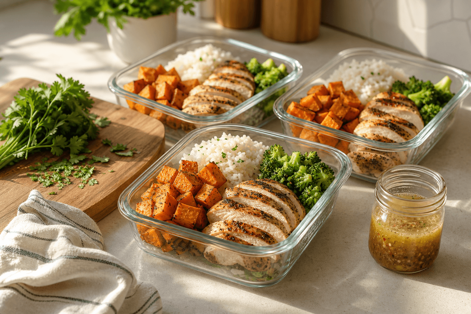 Glass containers of separately prepped meal ingredients, including cooked rice, roasted sweet potatoes, grilled chicken, broccoli, and dressing, arranged on a kitchen counter