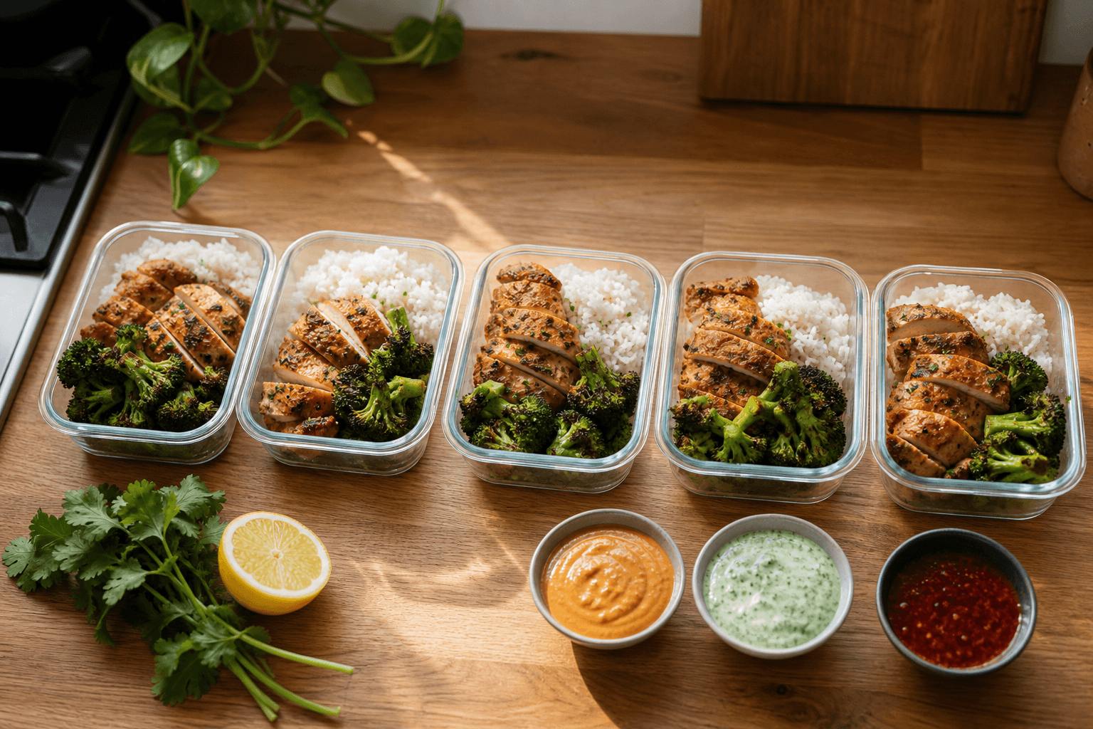 Glass meal-prep containers of chicken, rice, and roasted broccoli next to small bowls of different sauces on a kitchen counter