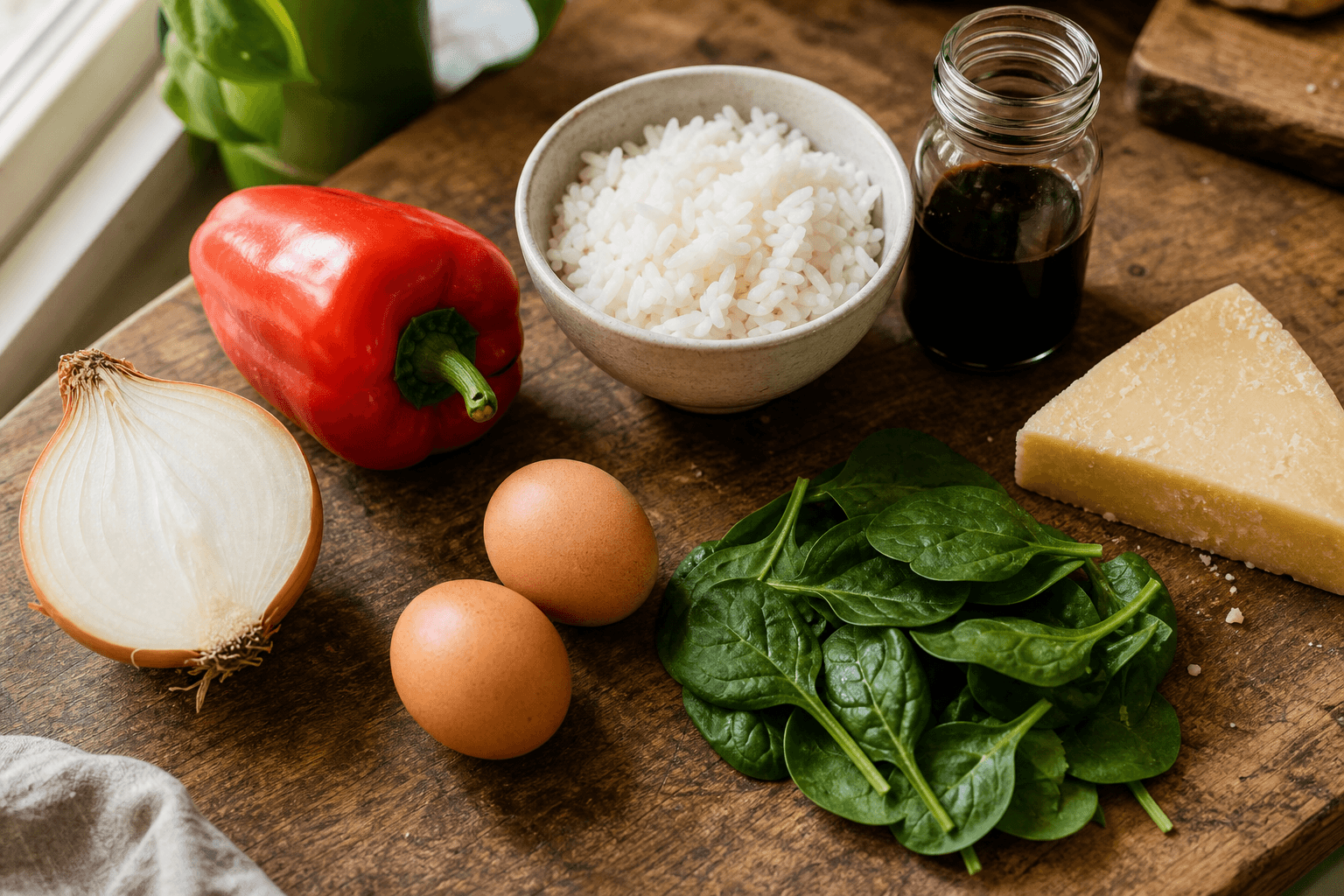 An overhead shot of a wooden kitchen counter with mismatched leftover ingredients, half an onion, a bell pepper, a bowl of cooked rice, two eggs, and a small dish of soy sauce, arranged as if about to become a stir-fry dinner.