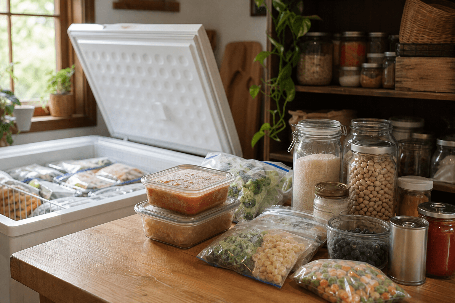 An open kitchen freezer and pantry shelf with labeled containers of frozen soup, rice, beans, and canned goods, being sorted on a wooden countertop in warm natural light
