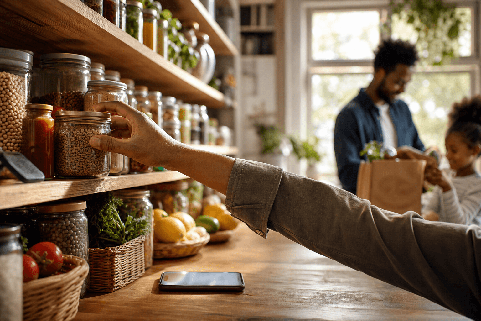 Family members stocking a sunlit pantry shelf together while using a phone to keep track of shared inventory