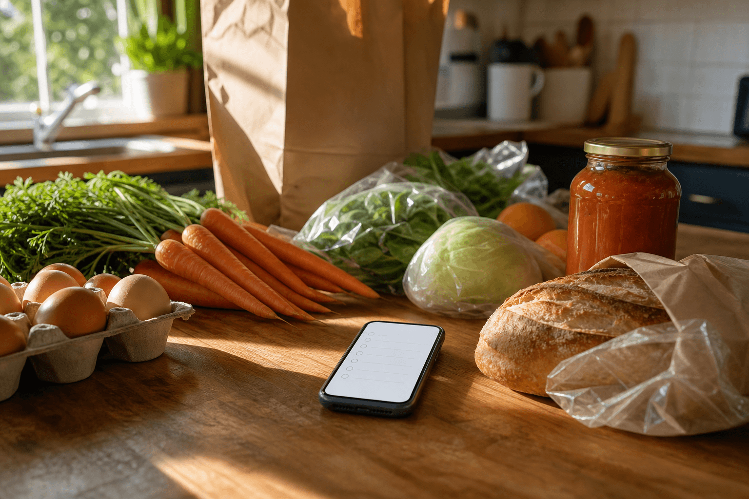 A smartphone showing a simple pantry tracking app on a kitchen counter next to freshly unpacked groceries including eggs, carrots, and pasta.