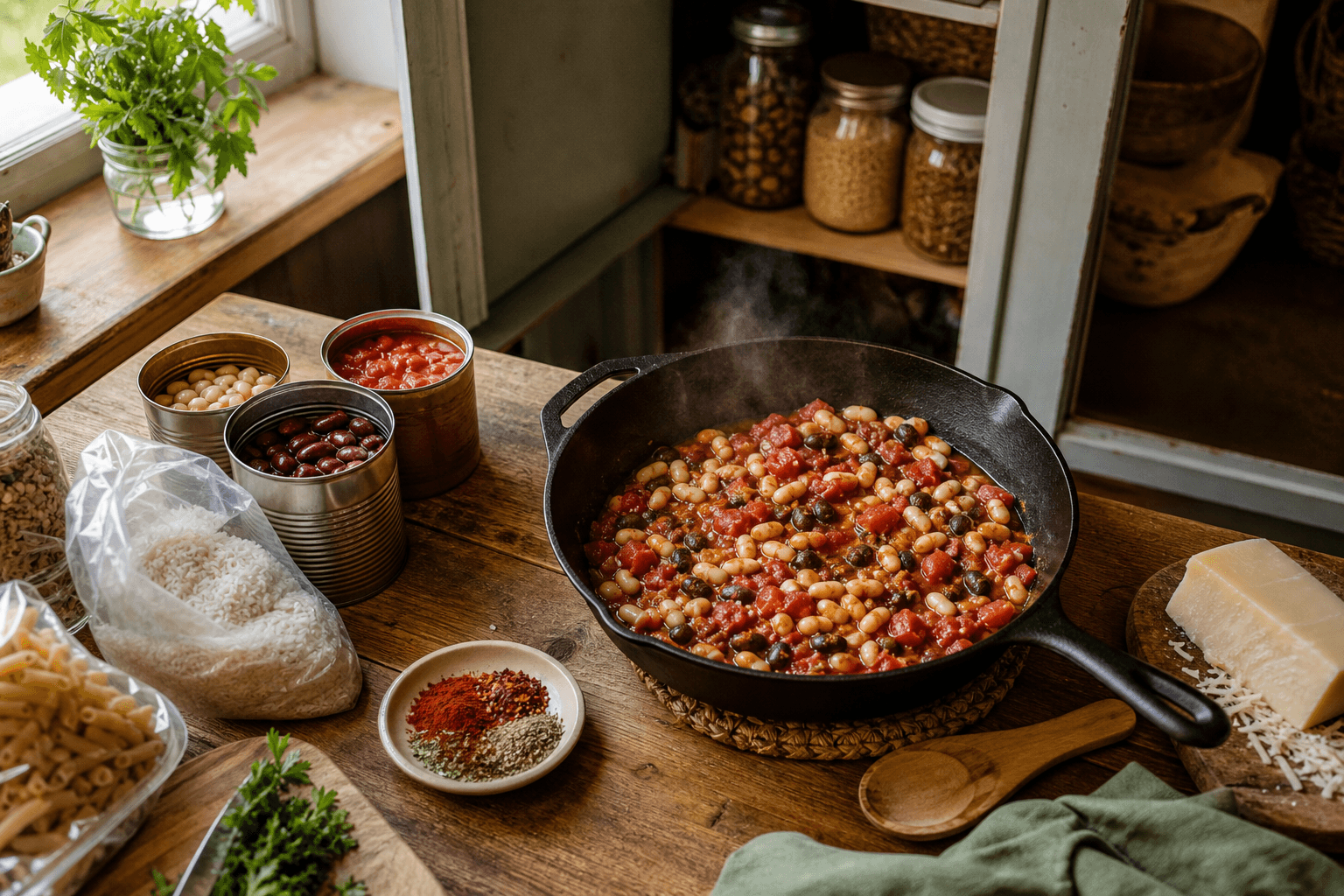 A cast iron skillet of bean and tomato pantry dinner next to canned goods, rice, and pasta on a kitchen counter