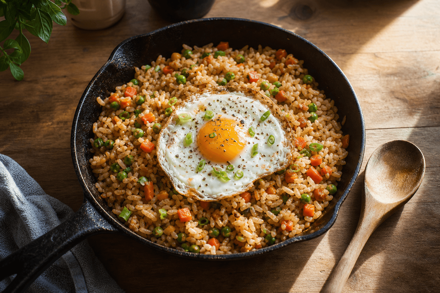 Overhead photo of a skillet fried rice dump dinner made from leftover rice, vegetables, and a fried egg