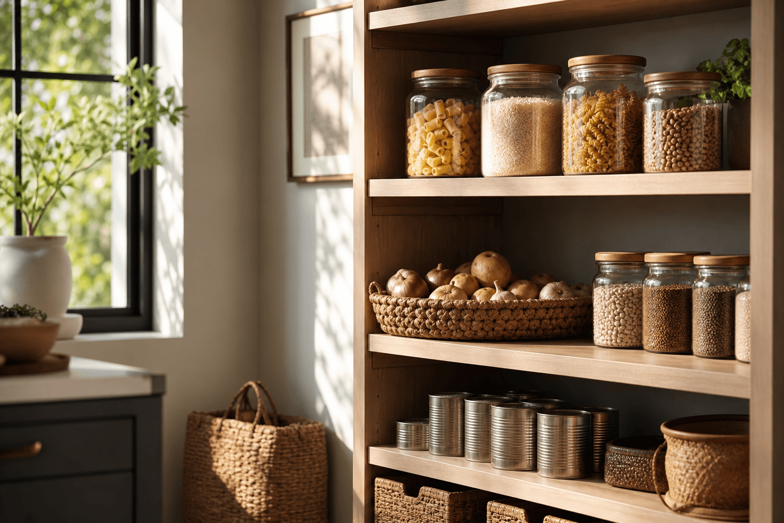 A neatly organized home pantry with glass jars of dry goods and a basket of fresh produce on wooden shelves in warm natural light