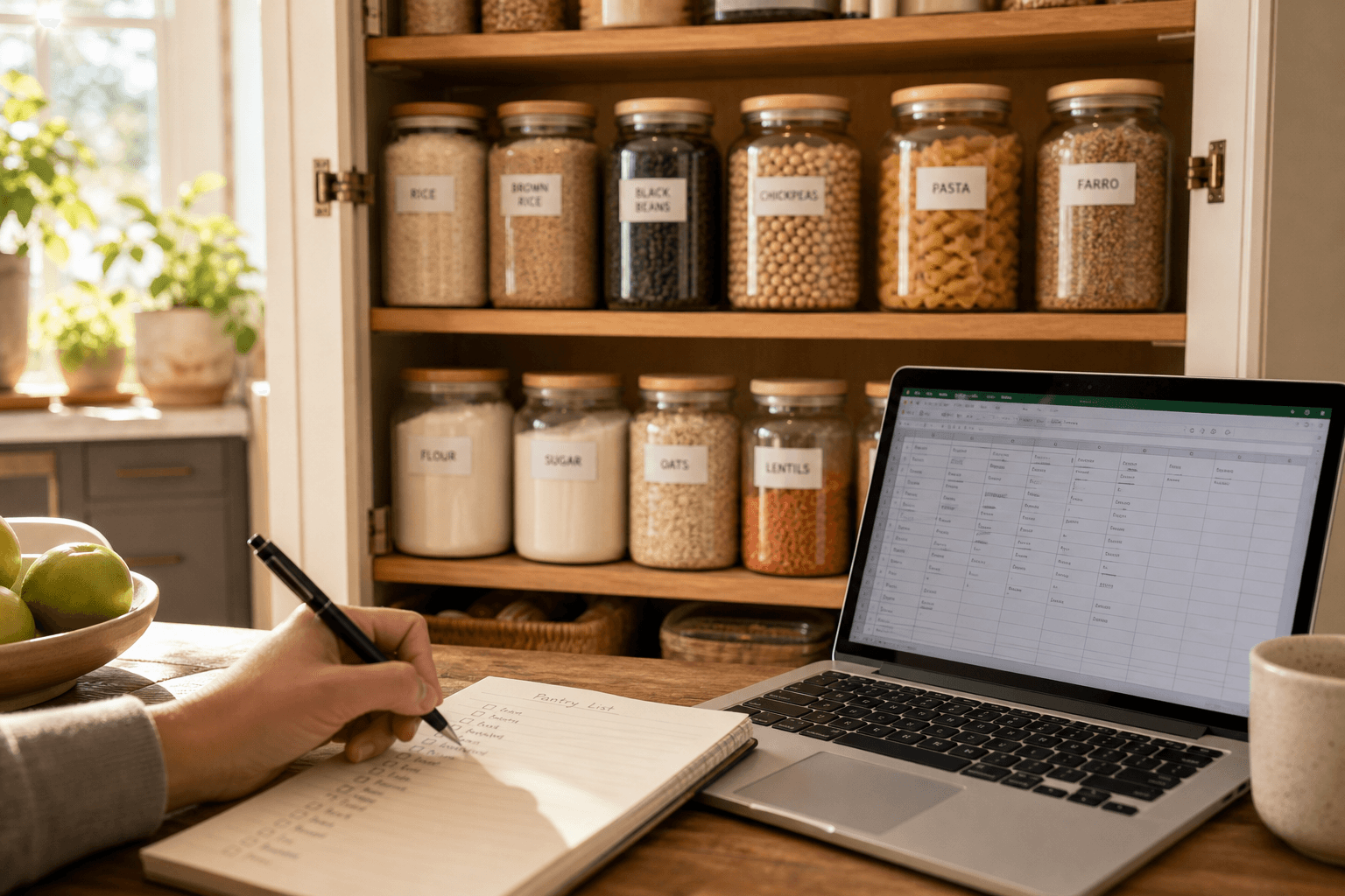 A hand writing on a notepad beside a laptop showing a spreadsheet grid, next to neatly organized labeled jars of rice, beans, and pasta on a pantry shelf