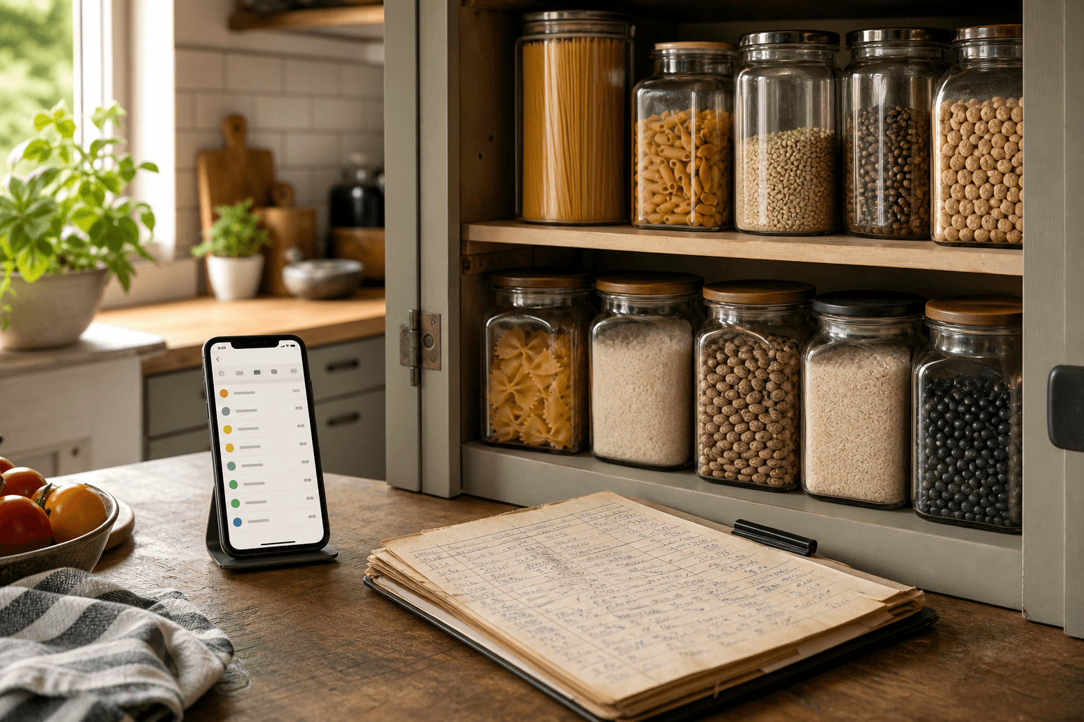 A home pantry cabinet with labeled jars, a phone showing a pantry inventory app, and a handwritten notebook list side by side