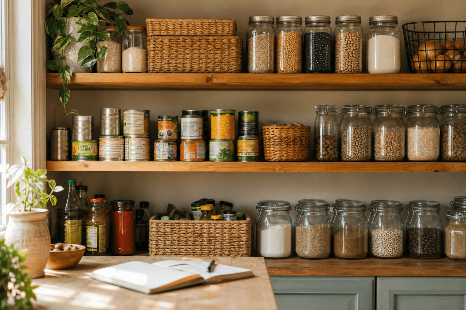 Organized pantry shelves with canned goods and jars grouped by category next to a handwritten inventory notebook