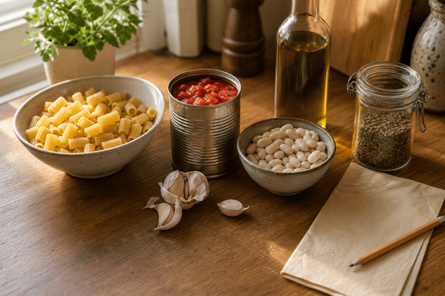 Pantry staples including dried pasta, canned beans, canned tomatoes, and olive oil arranged on a kitchen counter next to a handwritten grocery list