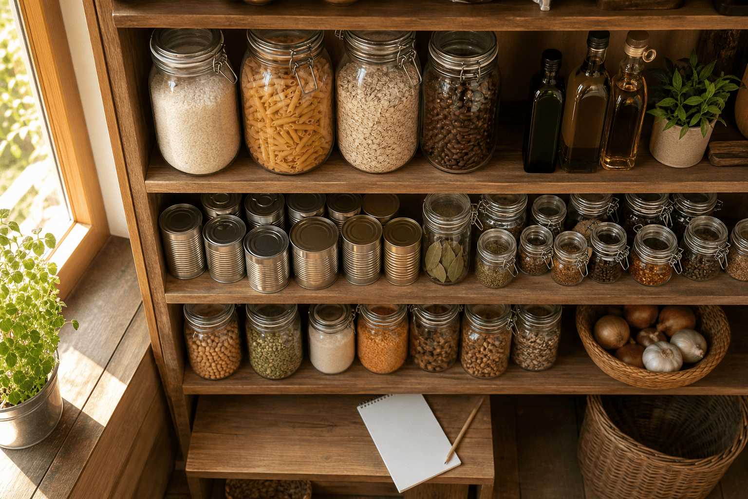 Organized pantry shelves with jars of grains, canned goods, and oils arranged for building a printable pantry staples list