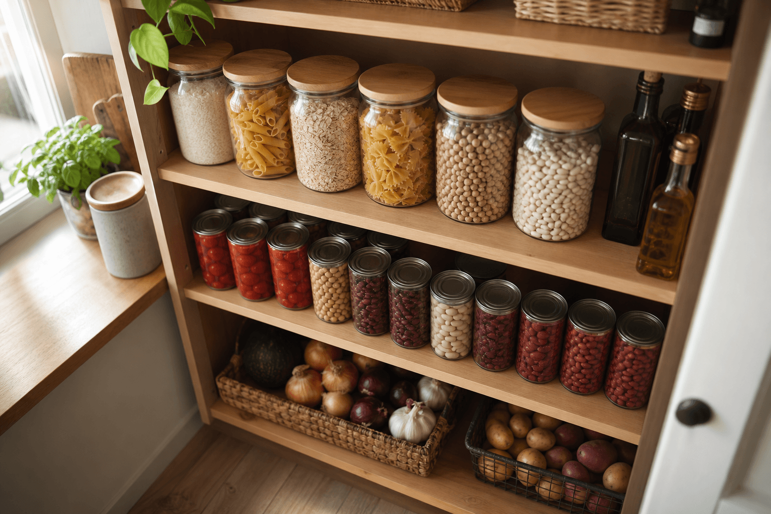 A wooden pantry shelf stocked with jars of rice, pasta, dried beans, and canned goods, showing the core pantry staples worth keeping on hand