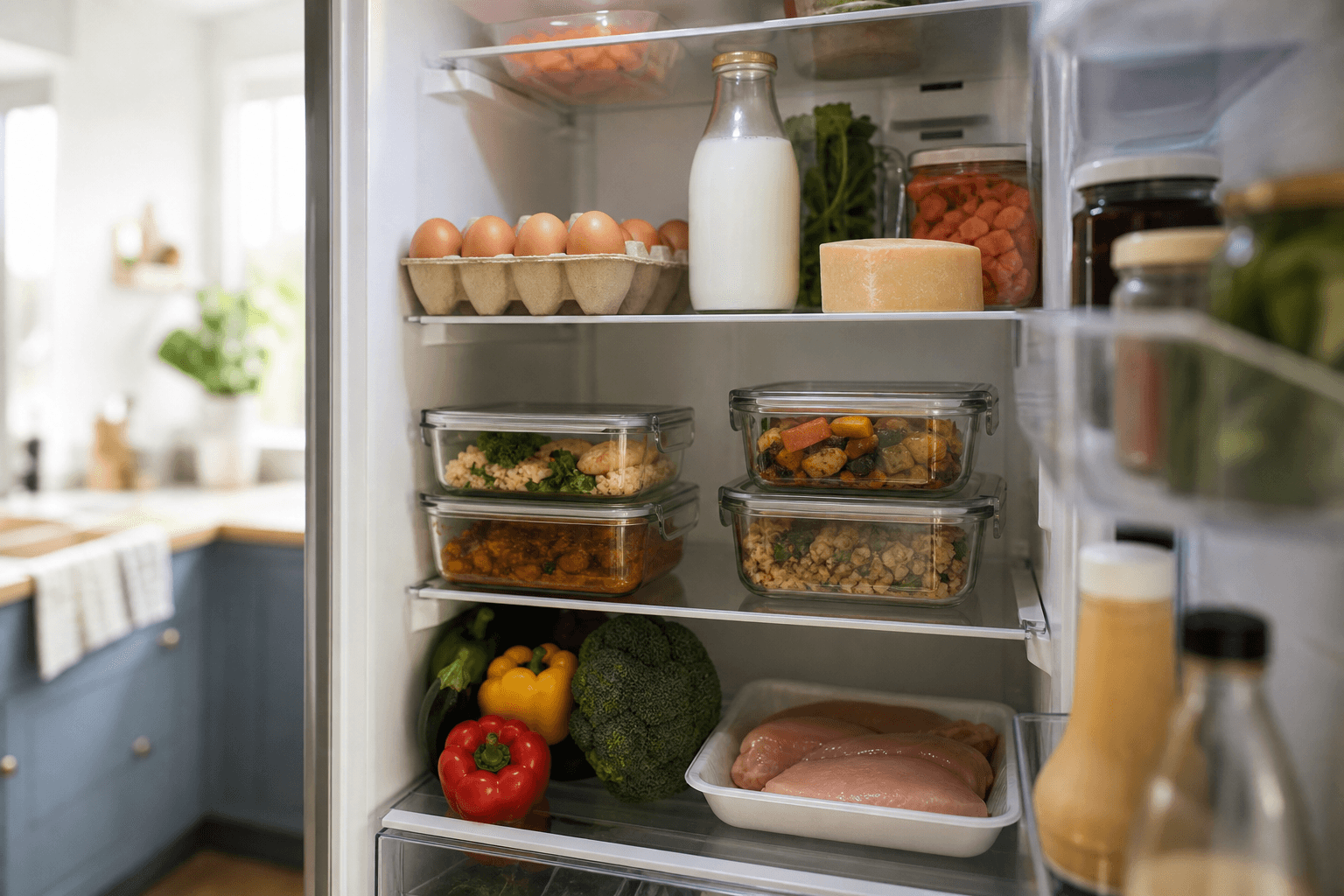 Overhead view of a home refrigerator shelf neatly stocked with labeled glass containers of leftovers, a carton of eggs, milk, and fresh produce in warm natural light