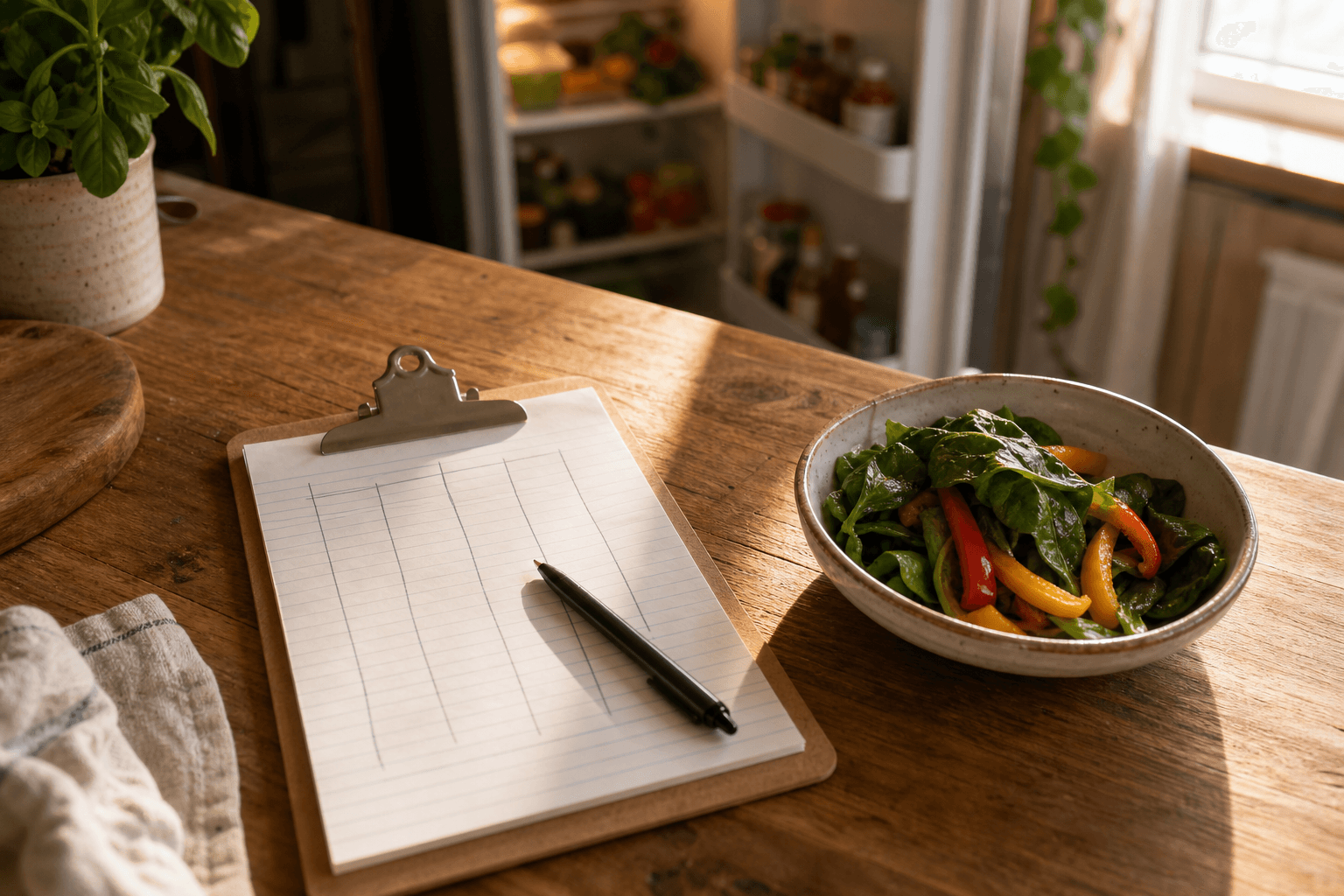 A handwritten food waste log sheet on a clipboard beside slightly wilted vegetables on a sunlit kitchen counter
