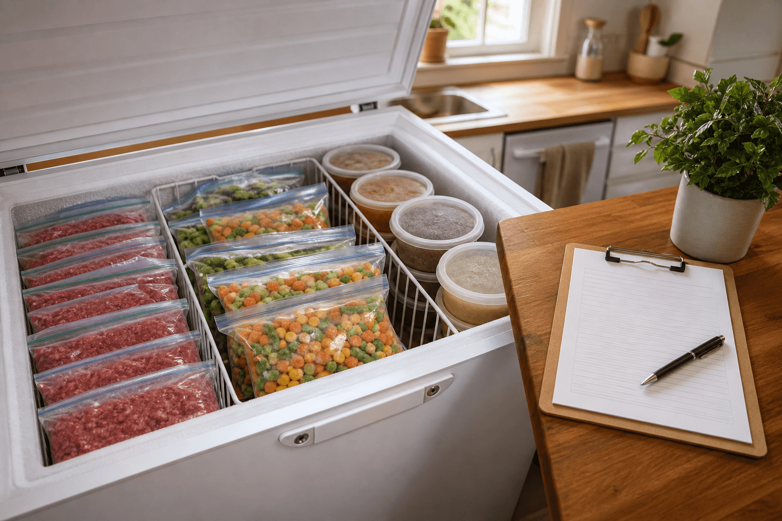A chest freezer organized with labeled bags of frozen ground beef, vegetables, and soup, next to a blank printable freezer inventory checklist on a clipboard