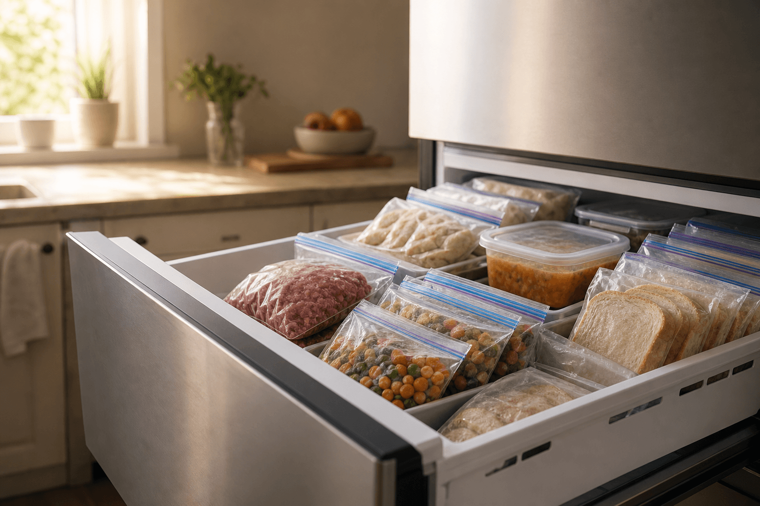 Labeled freezer bags of meat, vegetables, and soup organized neatly in a home freezer drawer