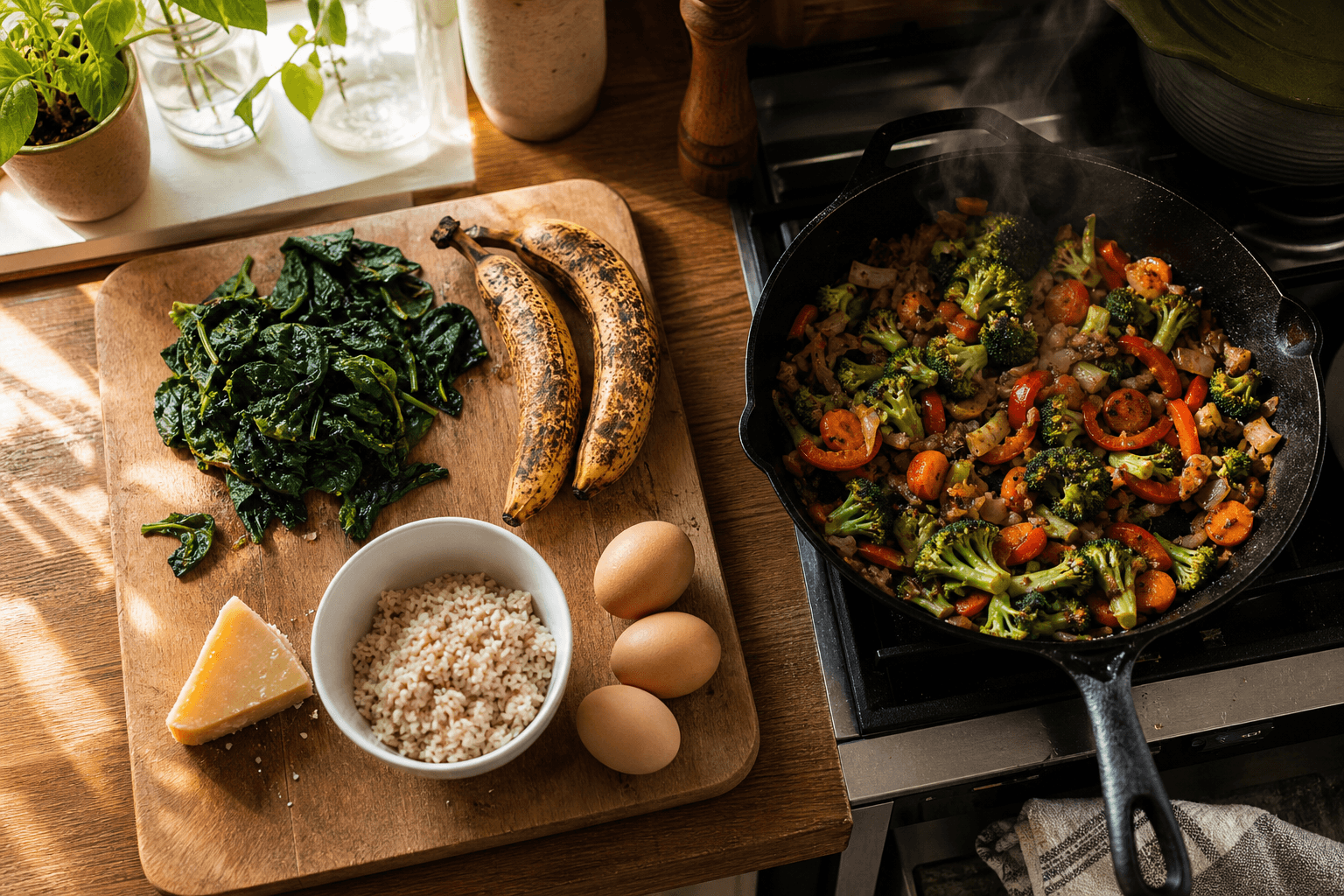 Overhead view of a home cook turning wilting vegetables, leftover rice, and extra eggs into a stir-fry to use up food before it spoils