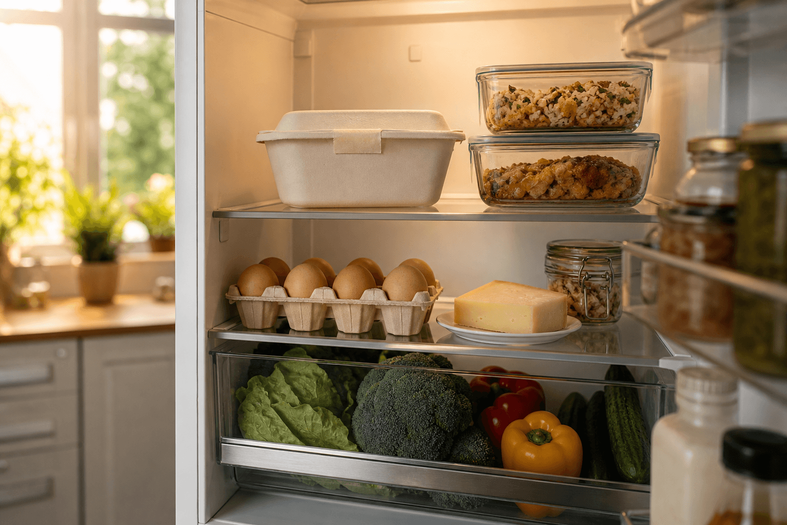 Neatly organized refrigerator shelves with labeled containers of leftovers, a carton of eggs, and fresh produce