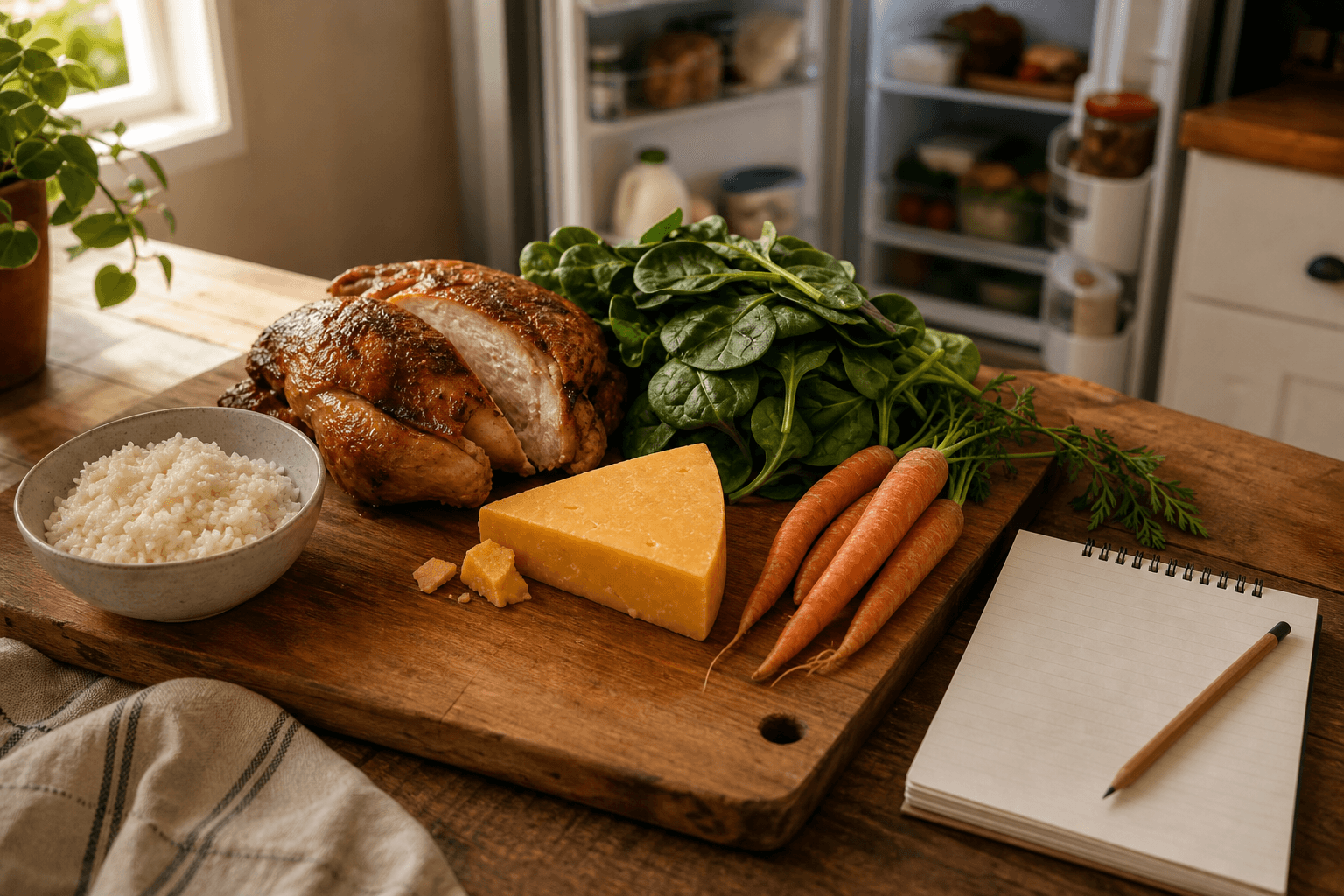 Everyday fridge and pantry ingredients like rotisserie chicken, spinach, and rice laid out on a kitchen counter for reverse meal planning