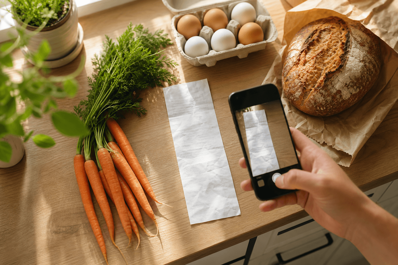 A grocery receipt and a smartphone camera positioned over a kitchen counter, photographing items to log into a spreadsheet