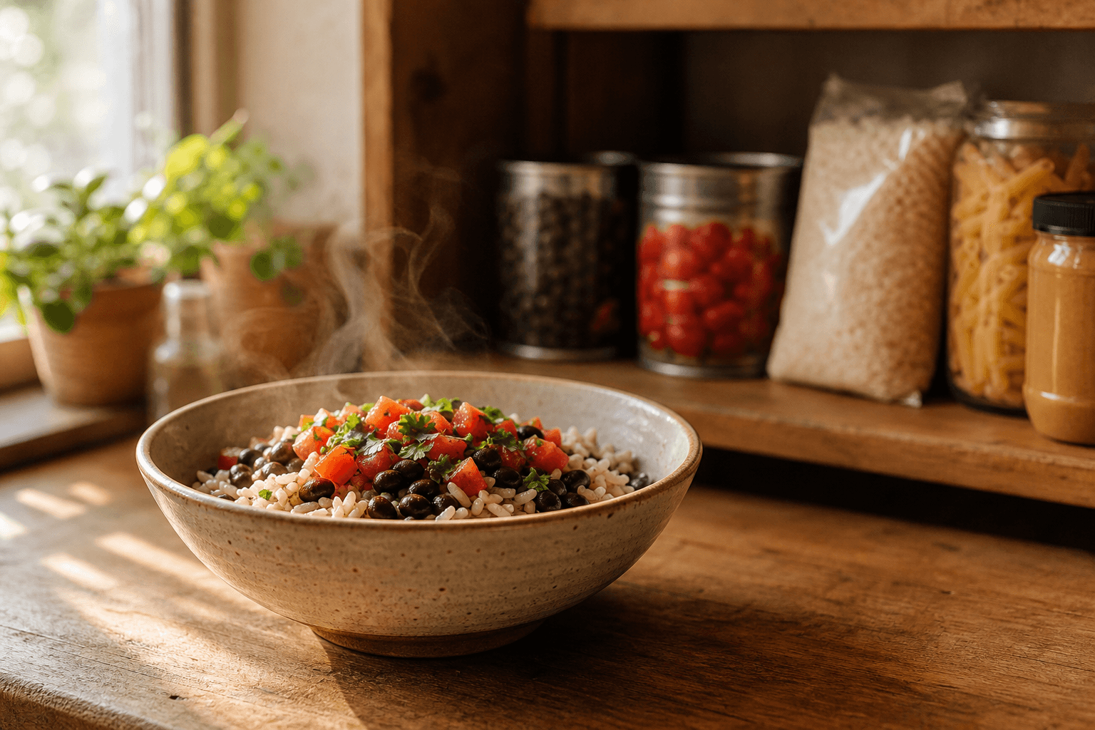 A bowl of rice, beans, and tomatoes on a kitchen counter in front of shelf-stable pantry staples like canned beans and dried pasta