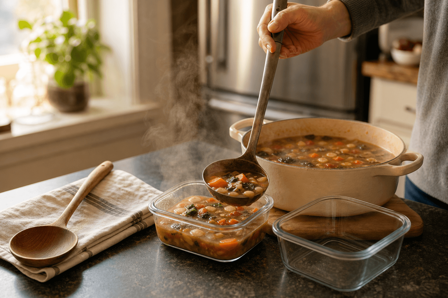 Steaming hot soup being ladled into a shallow container to cool quickly before going into the refrigerator