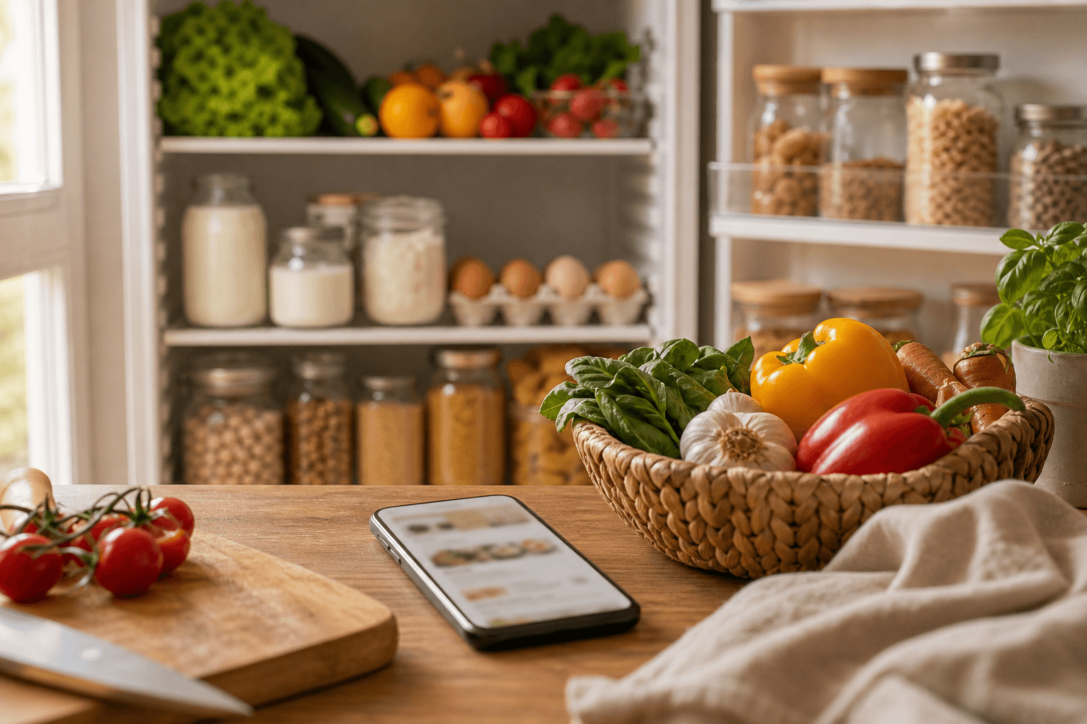 A smartphone lying on a kitchen counter beside fresh produce and a stocked pantry shelf, representing an app comparison for tracking fridge and pantry inventory.