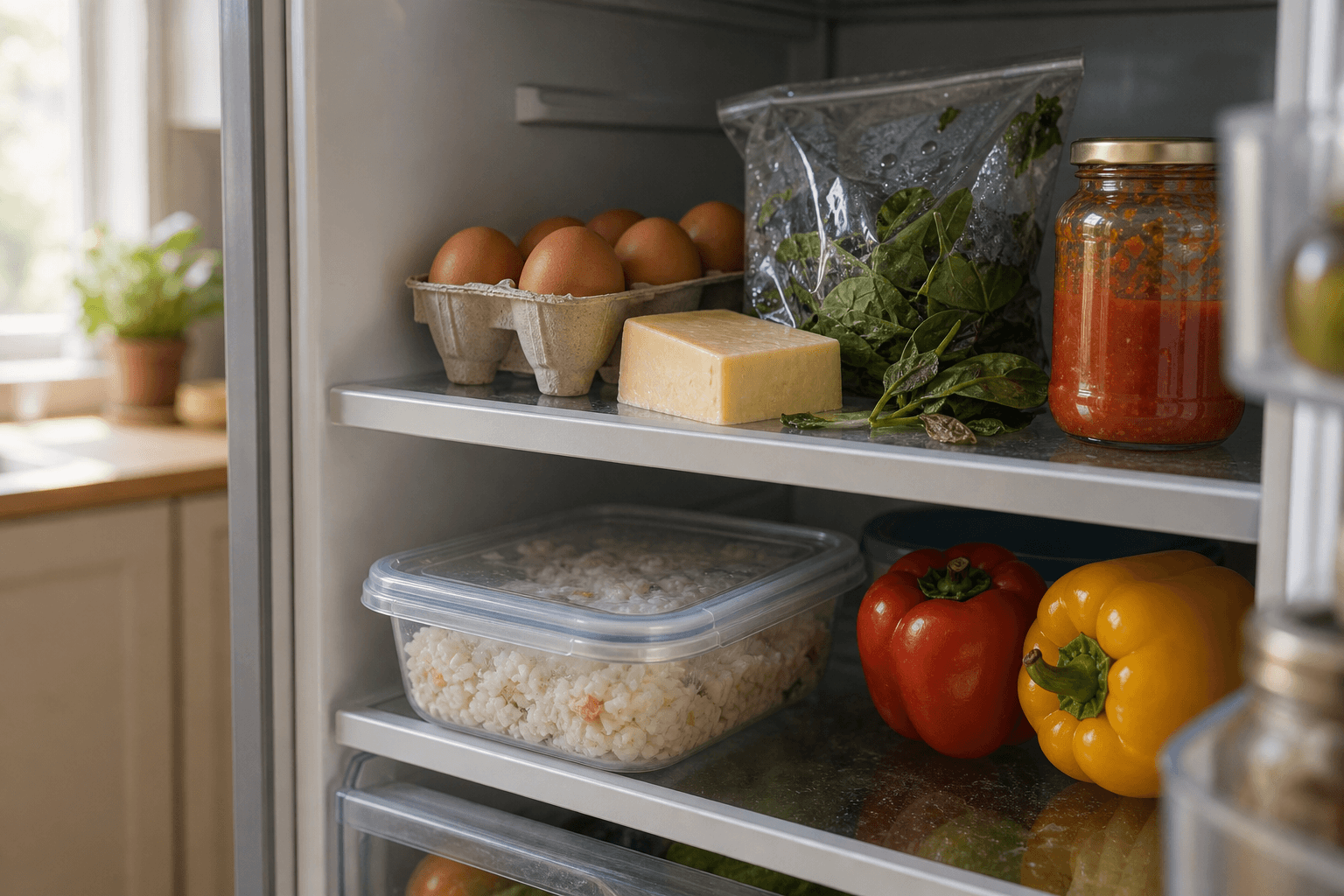 An open refrigerator shelf with eggs, cheese, spinach, leftover rice, peppers, and tomato sauce, the everyday ingredients behind a fridge-to-recipe method