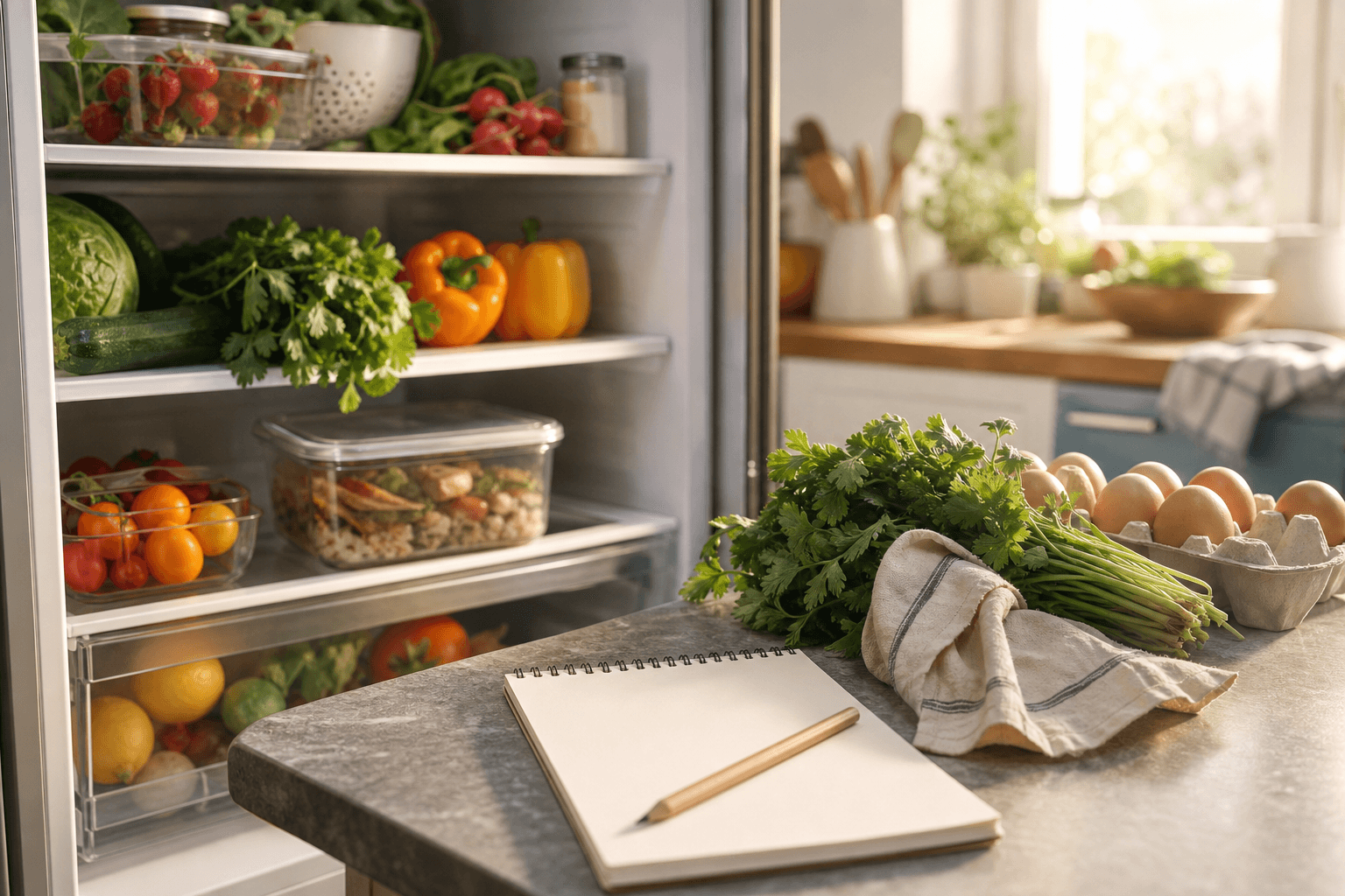 Open refrigerator shelf with fresh produce and leftovers beside a blank notepad used as a weekly fridge tracker