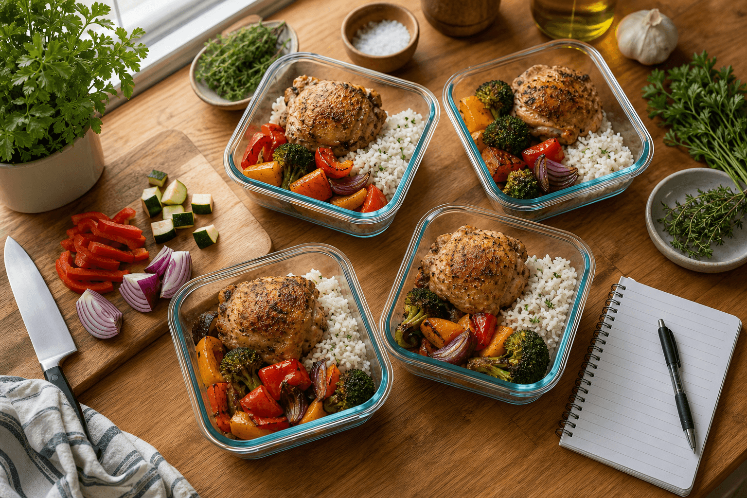 Overhead view of a week of home-cooked meal prep containers with roasted chicken, vegetables, and rice on a wooden kitchen counter