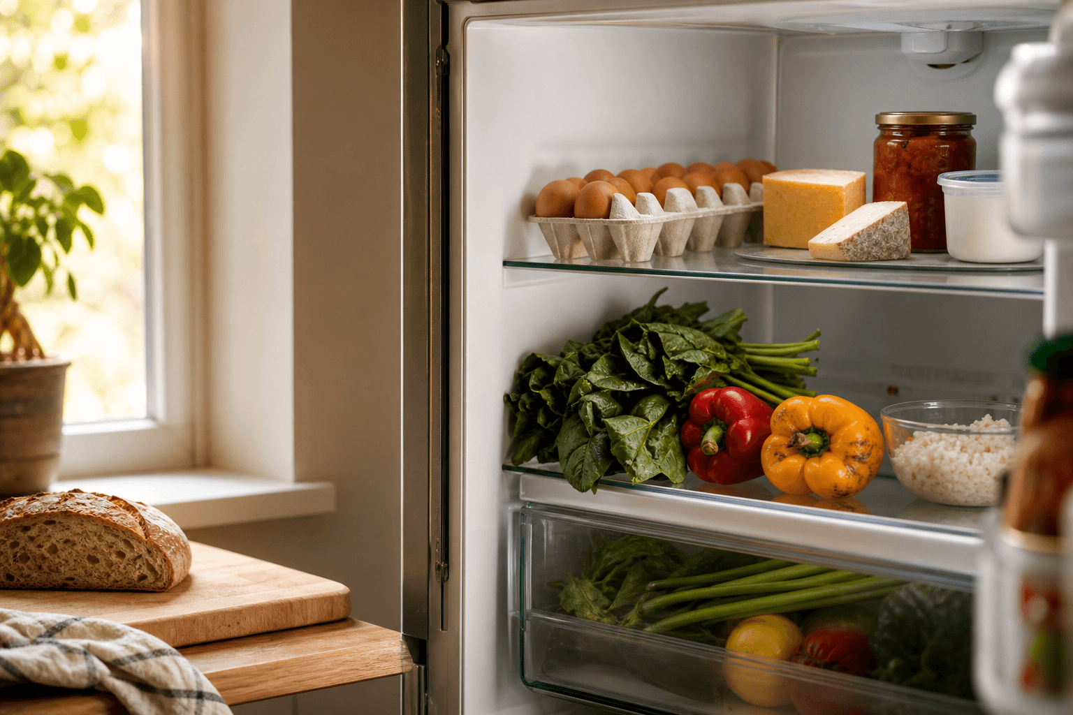 Open refrigerator shelves filled with fresh vegetables, eggs, cheese, and leftover containers on a home kitchen counter