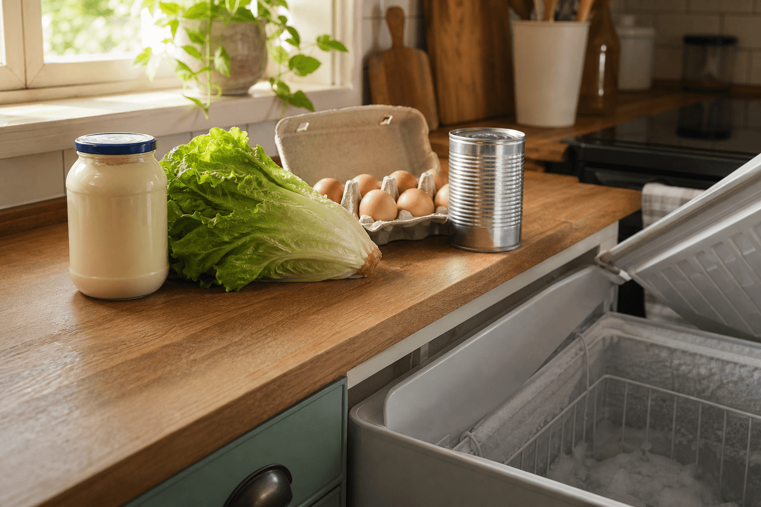 A kitchen counter with a jar of mayonnaise, fresh lettuce, a carton of eggs, and a can of food next to an open freezer drawer, illustrating foods that do not freeze well.