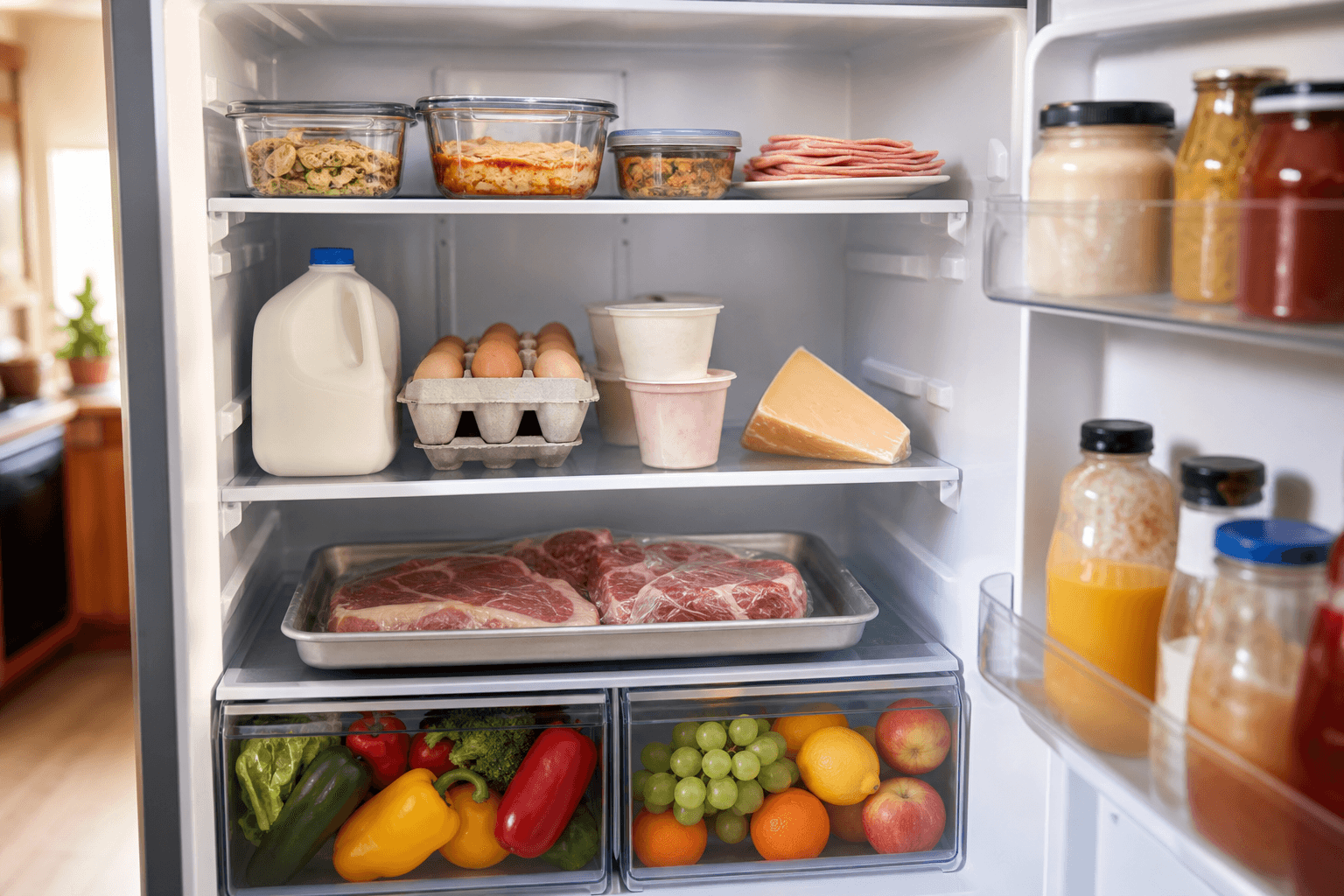 An organized refrigerator interior with leftovers on the top shelf, dairy and eggs on the middle shelf, wrapped raw meat on the bottom shelf, and colorful produce in the crisper drawers.