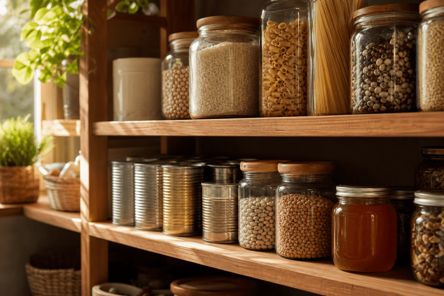 Pantry shelves stocked with canned goods and jars of rice, pasta, and honey representing long-lasting pantry staples