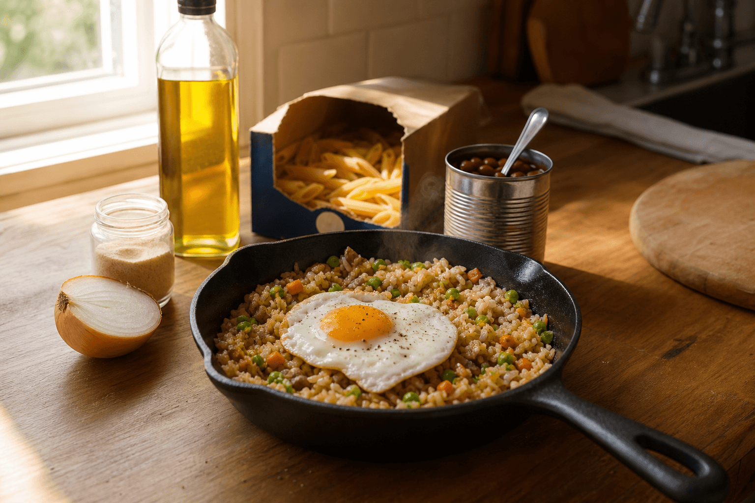 A skillet of fried rice topped with a fried egg on a kitchen counter next to a few basic pantry staples including dried pasta, a can of beans, and garlic powder.