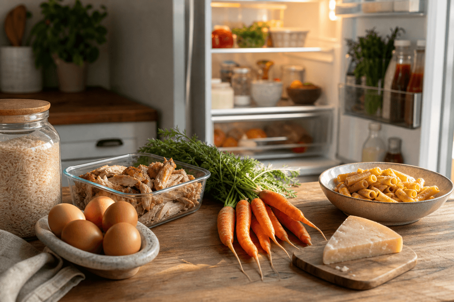 Home cook sorting fridge and pantry ingredients on a kitchen counter to decide what to cook