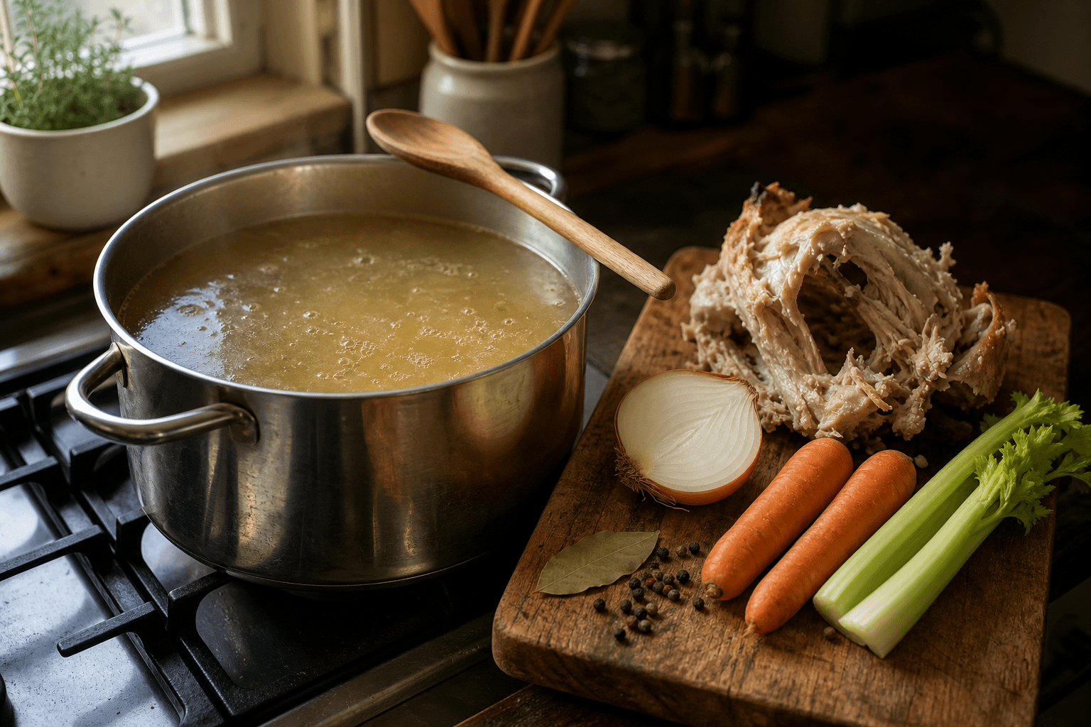 A simmering pot of golden chicken stock on the stove with a stripped rotisserie chicken carcass and fresh vegetables on a wooden cutting board beside it