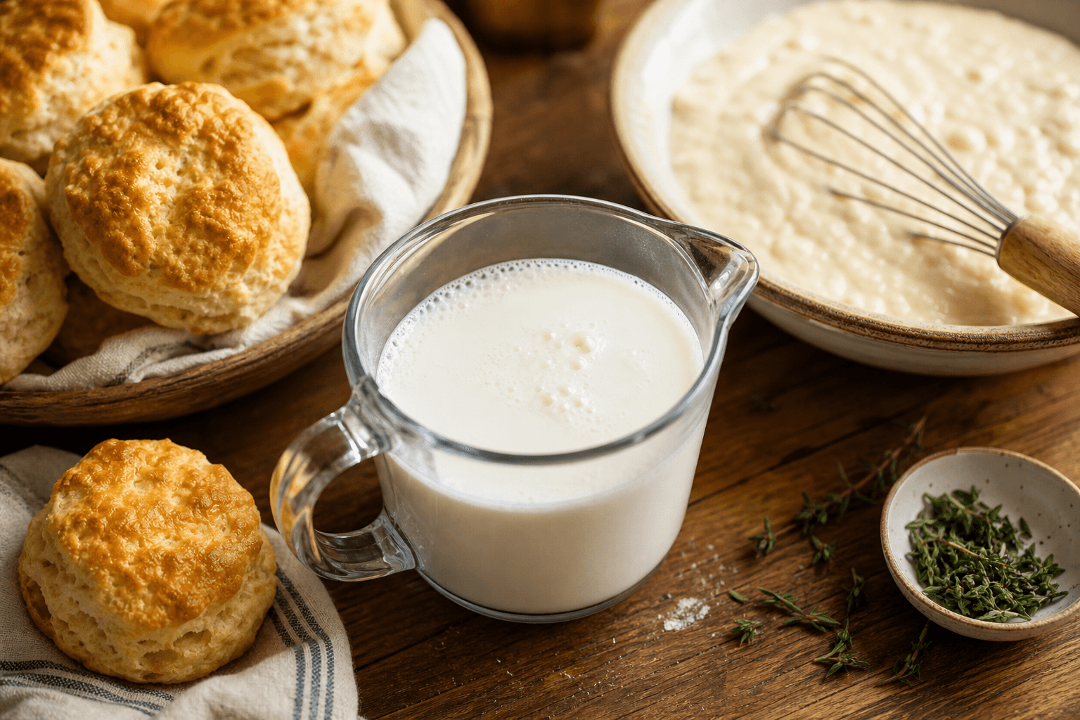 A glass measuring cup of leftover buttermilk on a wooden kitchen counter next to fresh biscuits and a bowl of pancake batter