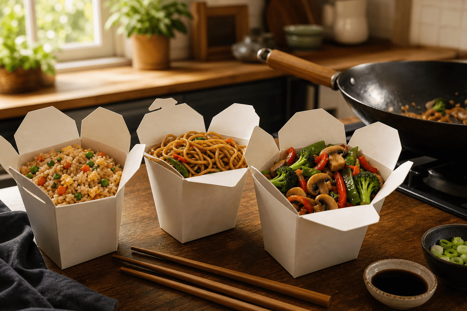 Leftover Chinese takeout containers of fried rice and noodles on a kitchen counter ready to be reheated and repurposed