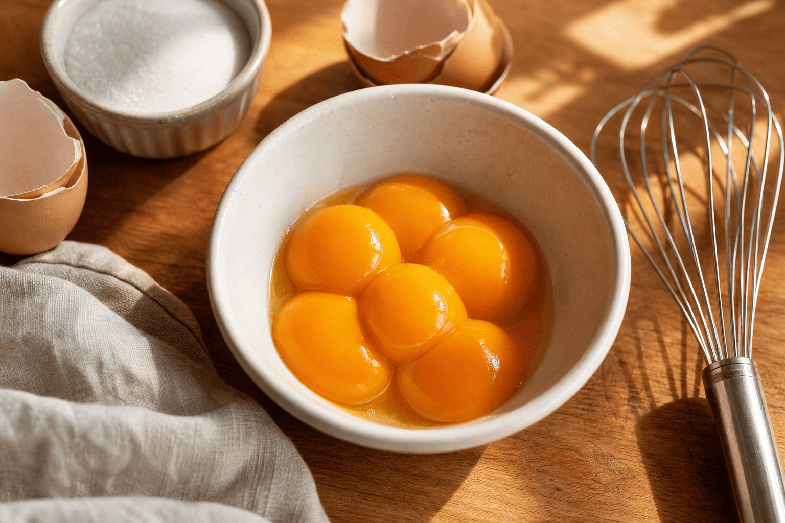 A small bowl of leftover egg yolks next to a whisk and cracked eggshells on a wooden kitchen counter