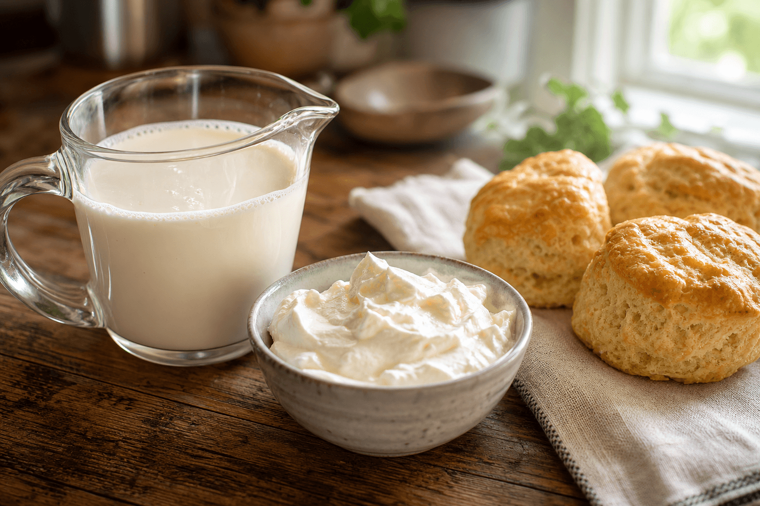 A glass measuring cup of leftover heavy cream on a wooden kitchen counter next to a bowl of freshly whipped cream and a few scones