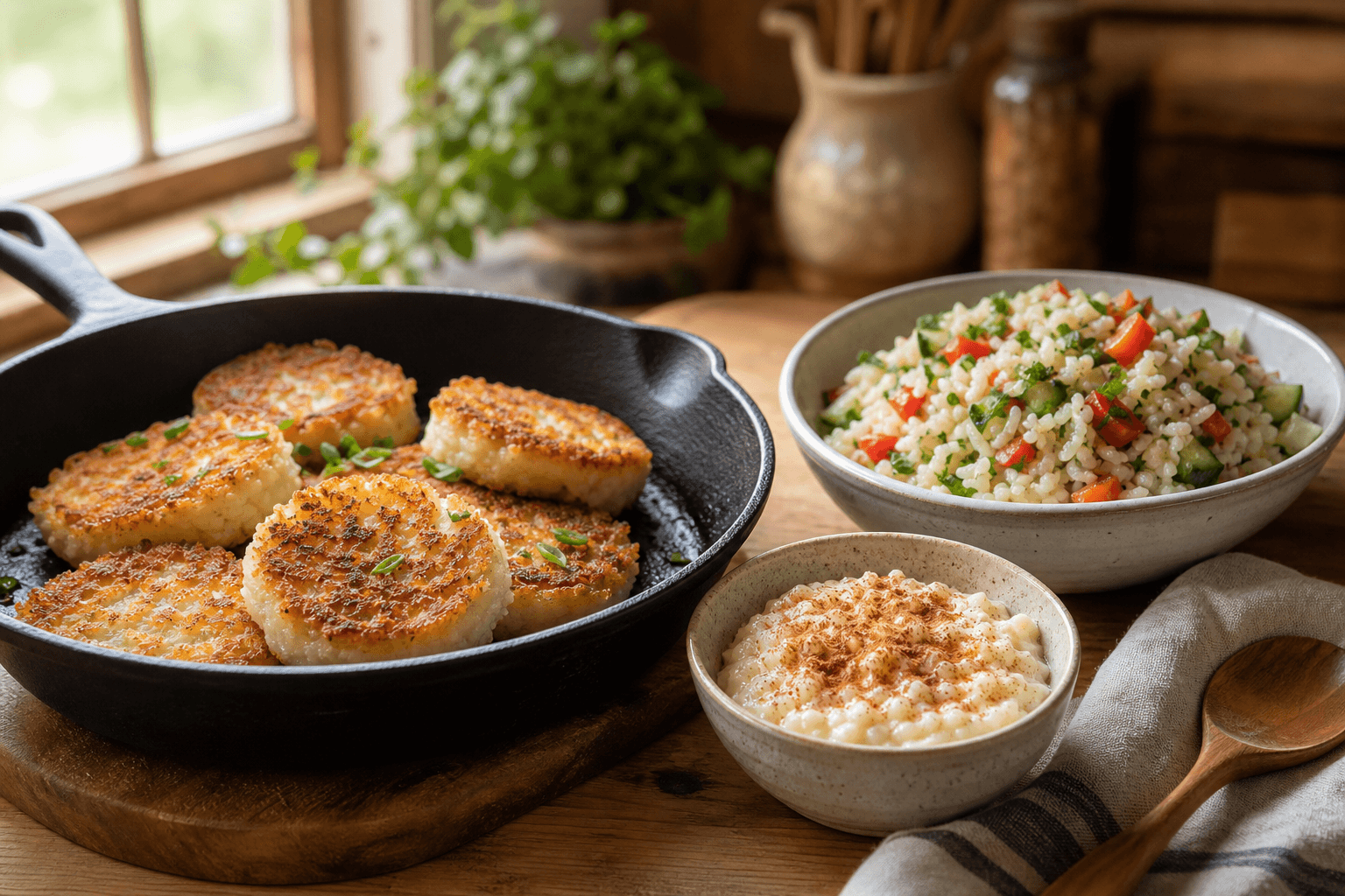 Leftover rice turned into crispy golden rice cakes, a bowl of rice pudding, and a cold rice salad on a kitchen counter