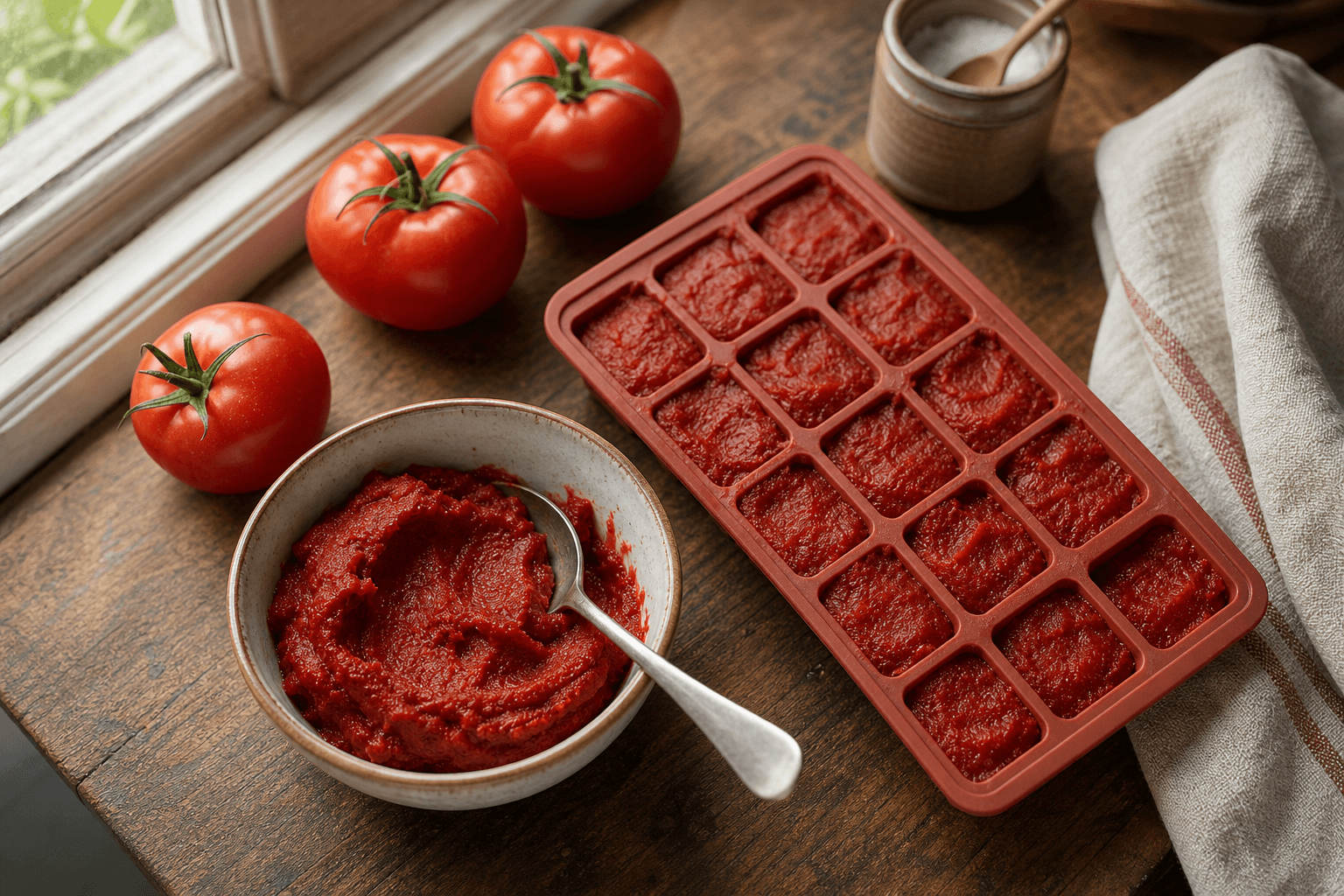 Overhead shot of a small bowl of tomato paste next to a filled ice cube tray on a wooden kitchen counter, with a few whole tomatoes and a spoon nearby in warm natural light