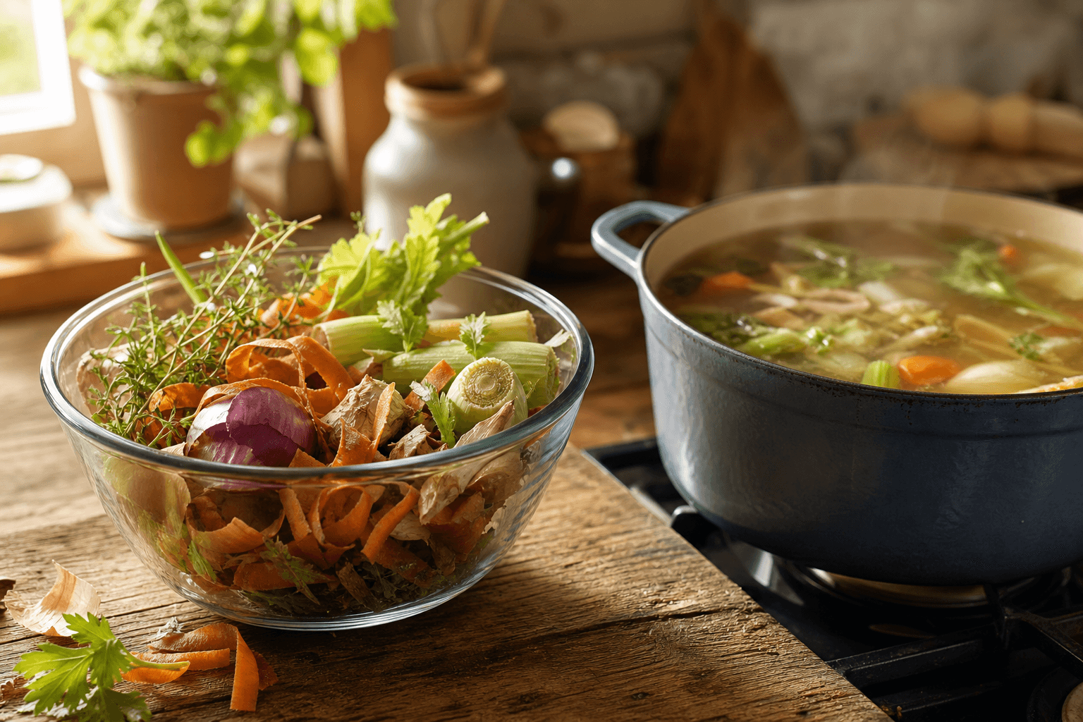 A bowl of vegetable scraps like carrot peels and celery ends next to a pot of simmering homemade vegetable broth