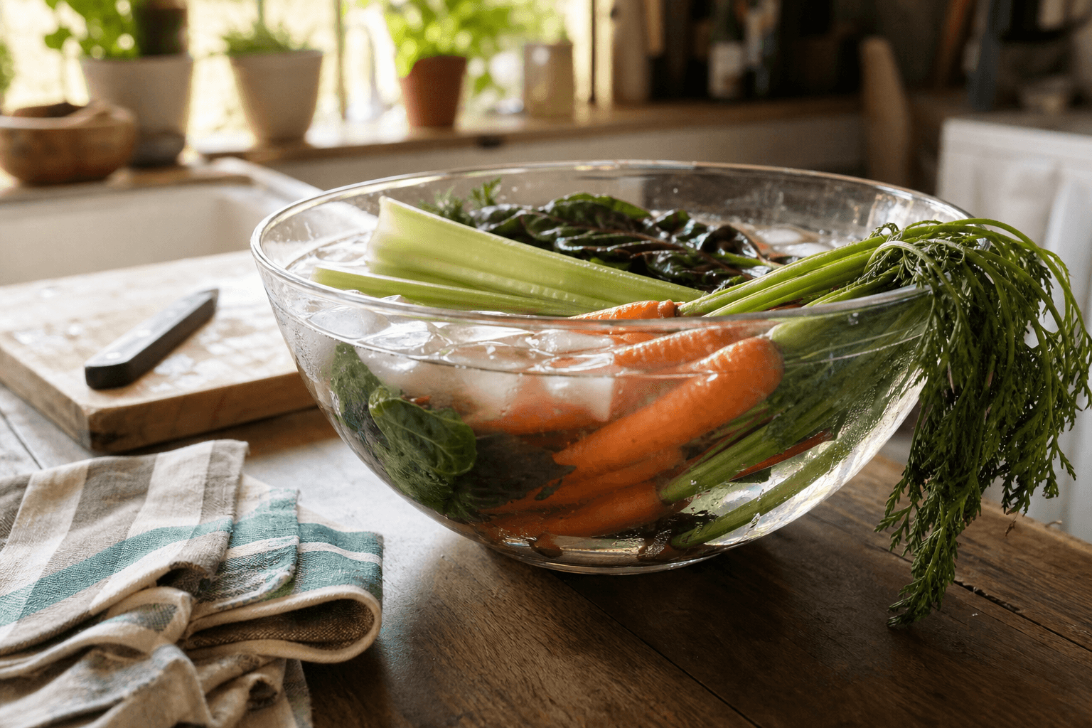 Wilting carrots, celery, and leafy greens soaking in a glass bowl of ice water on a kitchen counter