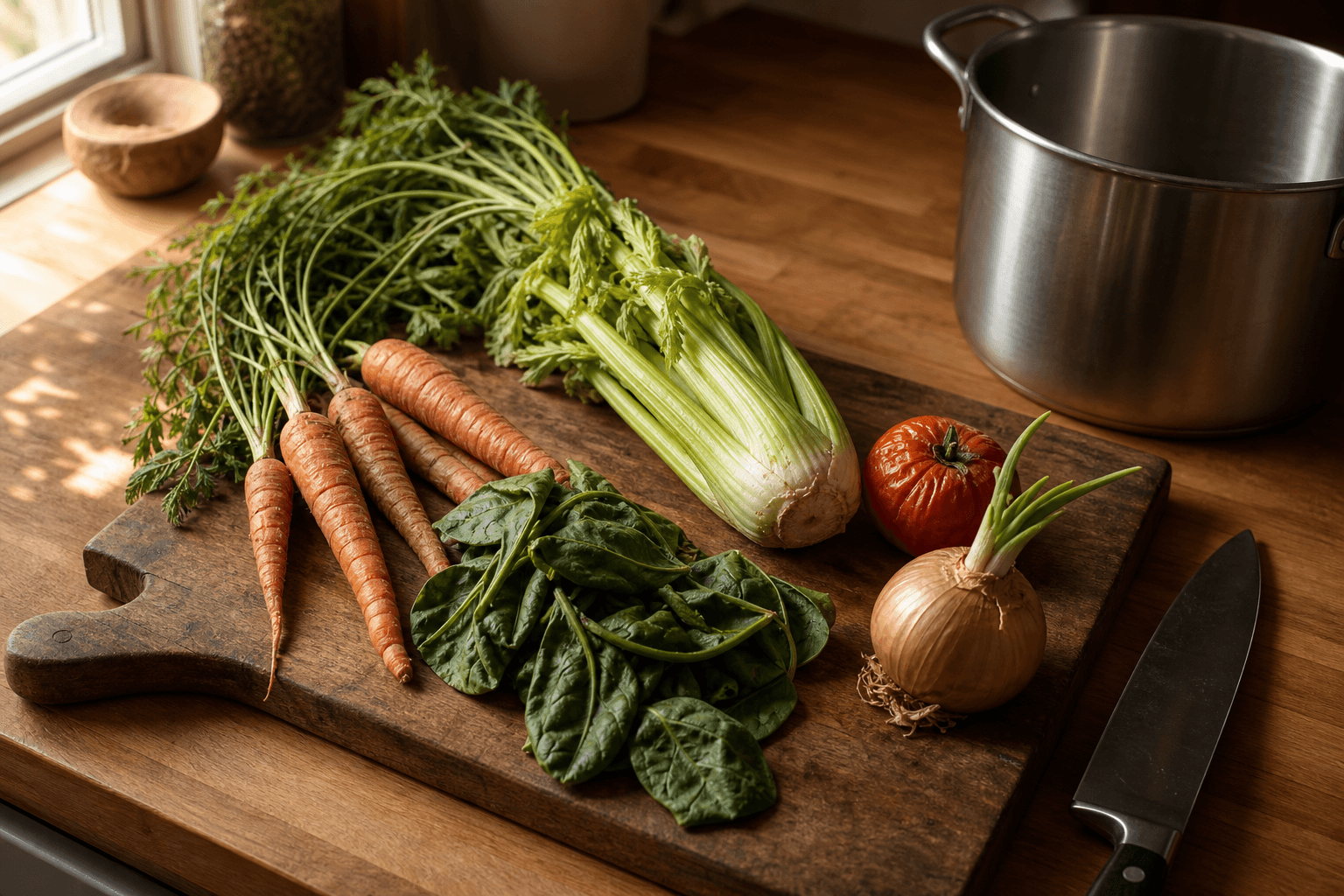 Wilting carrots, celery, spinach, and a soft tomato on a wooden cutting board beside a pot, ready to be cooked into soup.