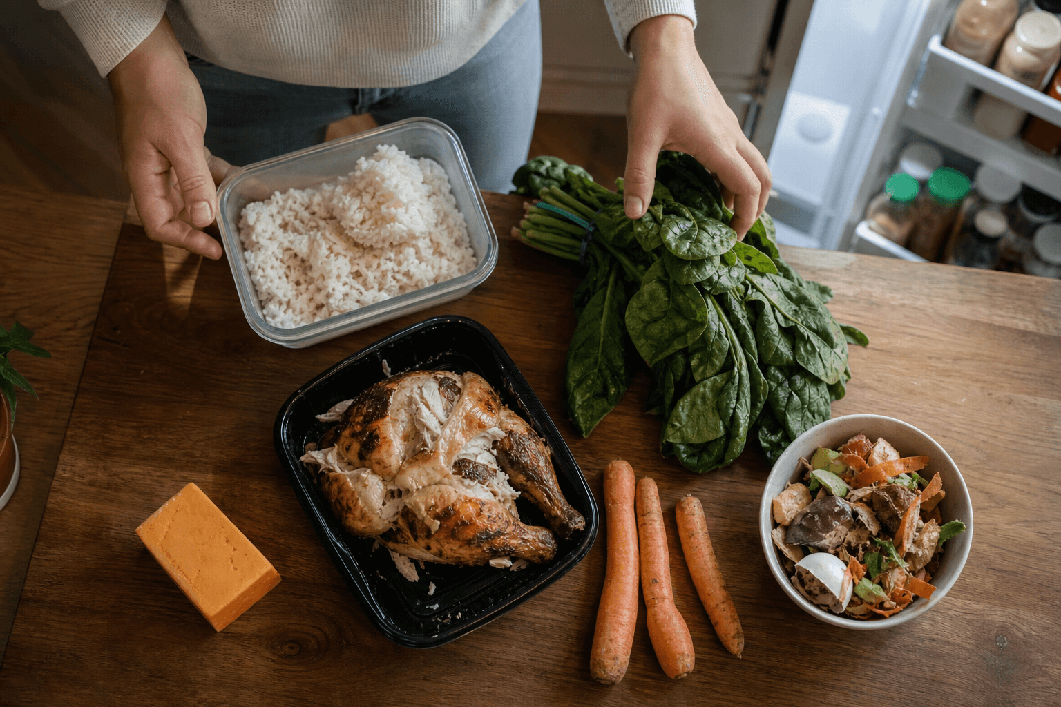 Overhead view of a home cook's hands sorting fresh vegetables, leftover rice, and half a rotisserie chicken on a kitchen counter next to an open refrigerator, natural morning light