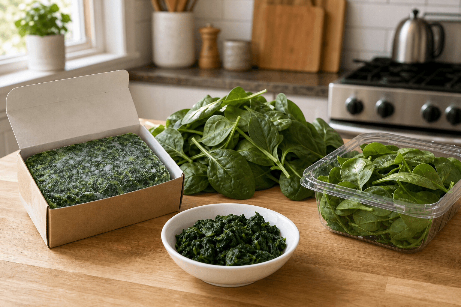A 10 ounce box of frozen chopped spinach beside a pound of fresh spinach leaves on a kitchen counter