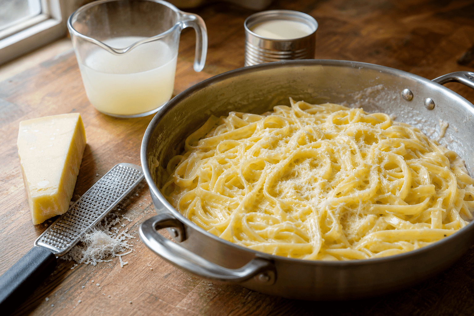 Alfredo sauce without heavy cream: fettuccine tossed with butter, finely grated Parmigiano-Reggiano and reserved pasta water in a skillet